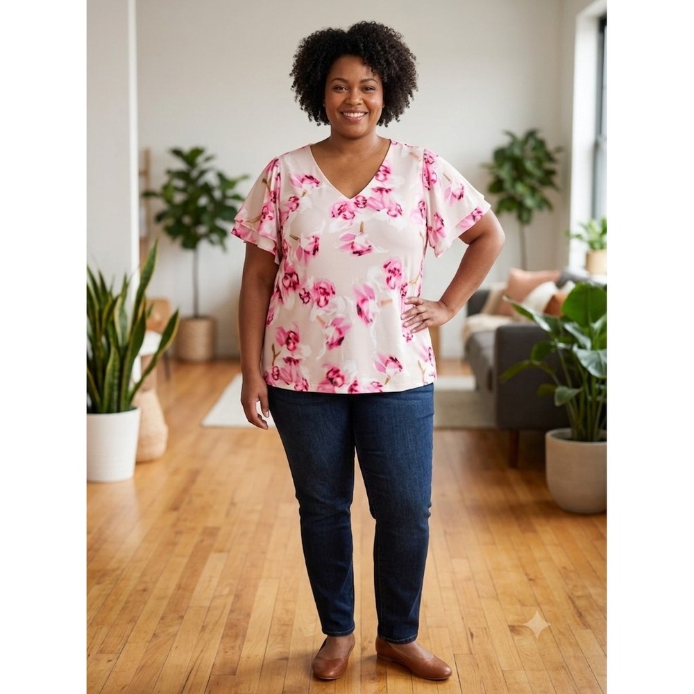 NWT Calvin Klein Floral Print Short Flutter Sleeve Blouse 2X Pink Feminine Chic
